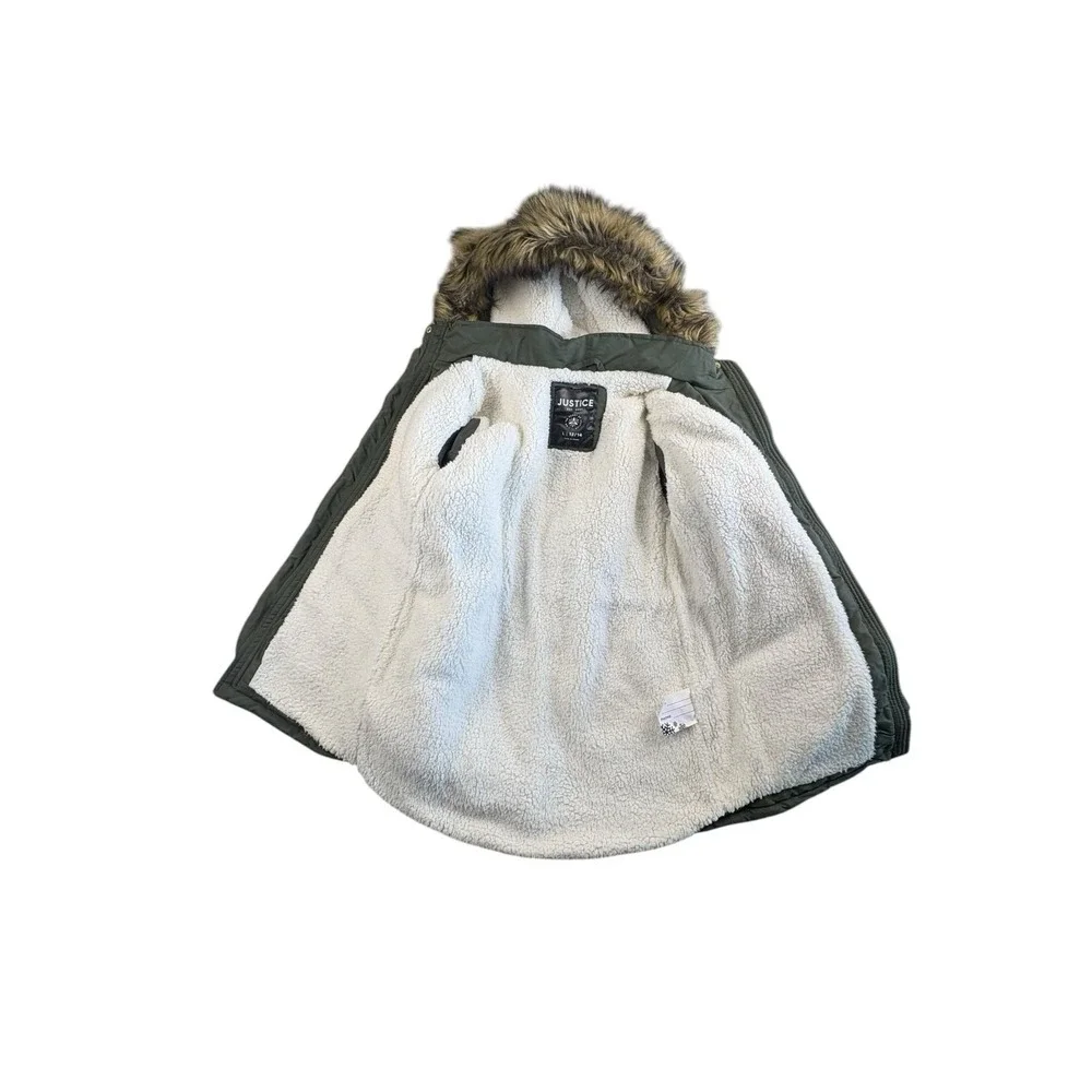 Justice Girls‎ Olive Parka Jacket Faux Fur Hood Coat Size L 12/14